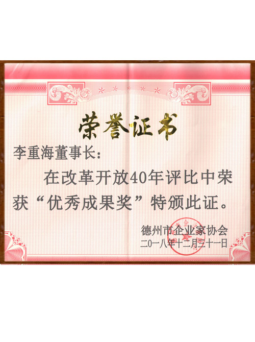 山東海吟新環(huán)境技術(shù)有限公司產(chǎn)品被山東省德州市企業(yè)級(jí)協(xié)會(huì)授予“改革開放40年優(yōu)秀成果獎(jiǎng)”。
 山東海吟新環(huán)境技術(shù)有限公司被授予“2019年度杰出公司貢獻(xiàn)獎(jiǎng)”。